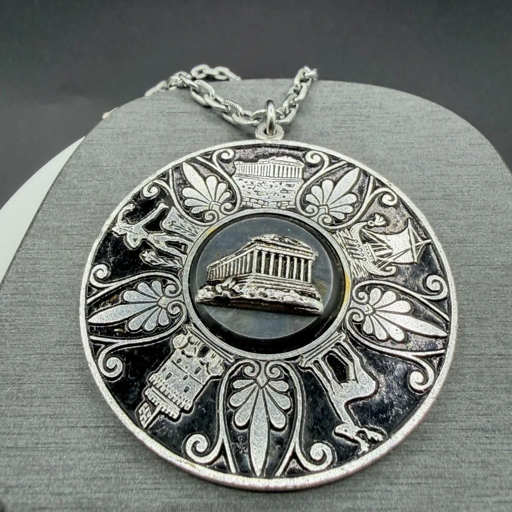 Greek Revival Parthenon Medallion Necklace Silver Tone Black Enamel Statement
